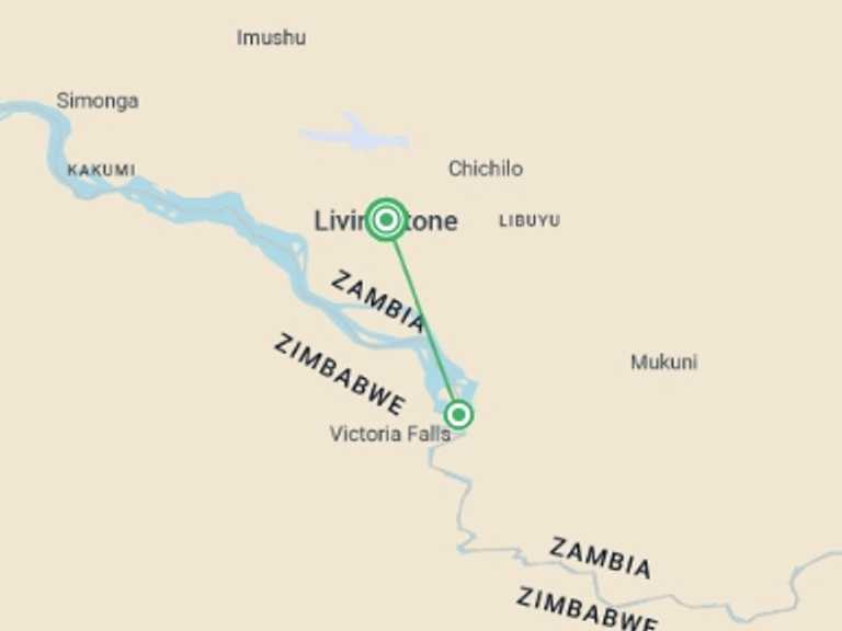 Map of Victoria Falls Explorer Tour with 2 destination visits for the trip: Victoria Falls & Chobe Adventure 4D/3N (from Livingstone)