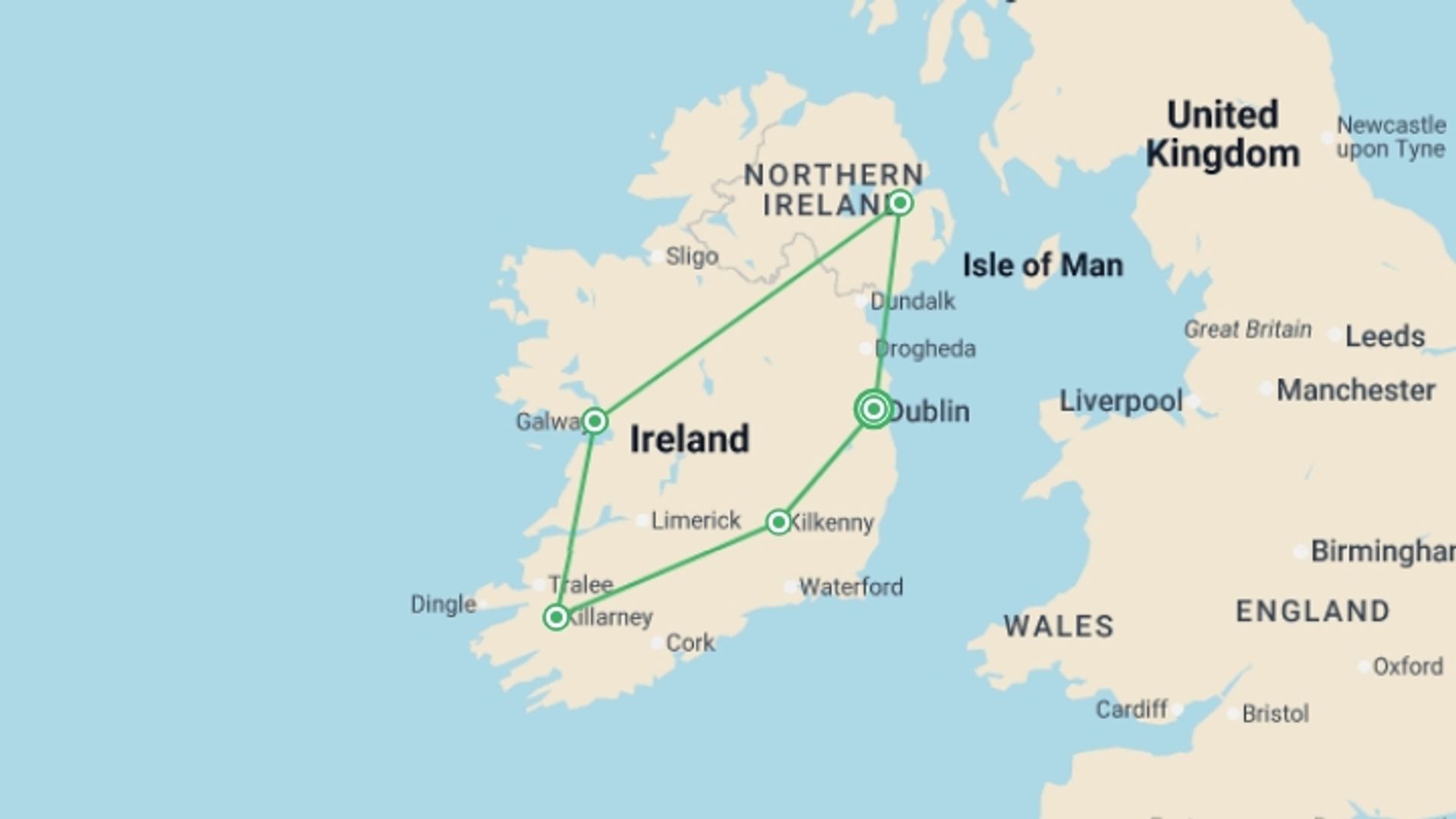 A map showing the tour itinerary for the trip: Ireland: Shamrocks & Singalongs, starting in Dublin, Ireland and ending in Dublin, Ireland going through 4 other destinations.