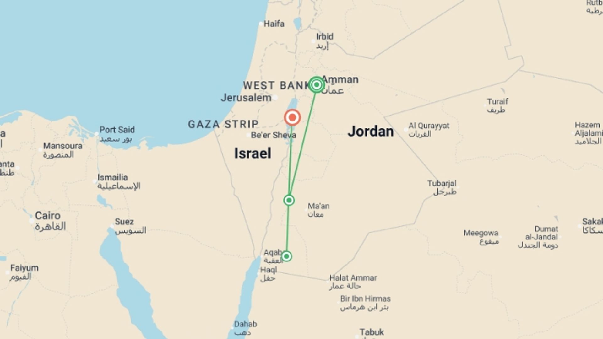 A map showing the tour itinerary for the trip: New Year's in Wadi Rum - 8 Days, starting in Amman, Jordan and ending in Dead Sea, Jordan going through 2 other destinations.