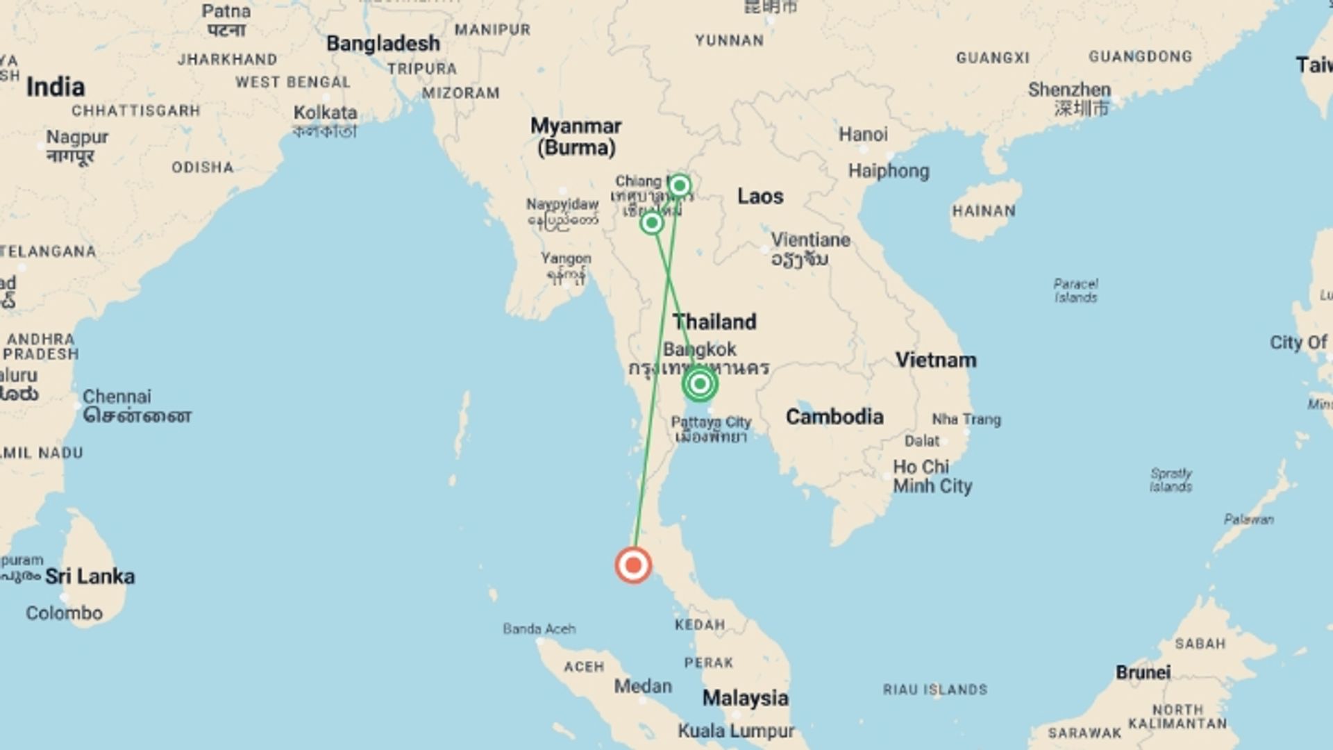 A map showing the tour itinerary for the trip: Bangkok, Golden Triangle & Phuket - Domestic Flights Incl. - Private (english Only), starting in Bangkok, Thailand and ending in Bangkok, Thailand going through 3 other destinations.