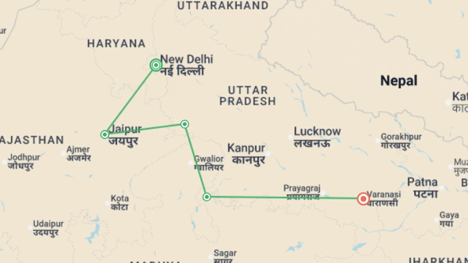 A map showing the tour itinerary for the trip: India’s Golden Triangle: Taj Mahal to the Ganges, starting in New Delhi, India and ending in Varanasi, India going through 3 other destinations.