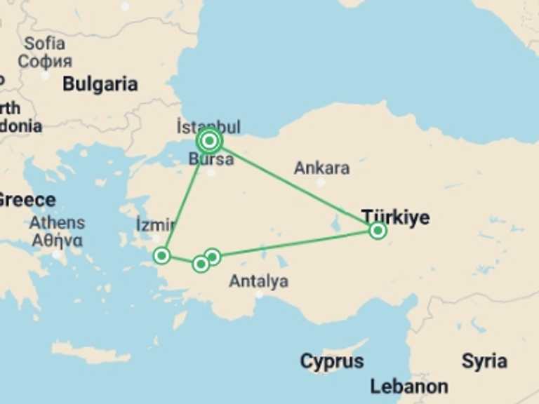 Map of 8-Day Pamukkale Tour with 6 destination visits for the trip: Best of Turkey Tour