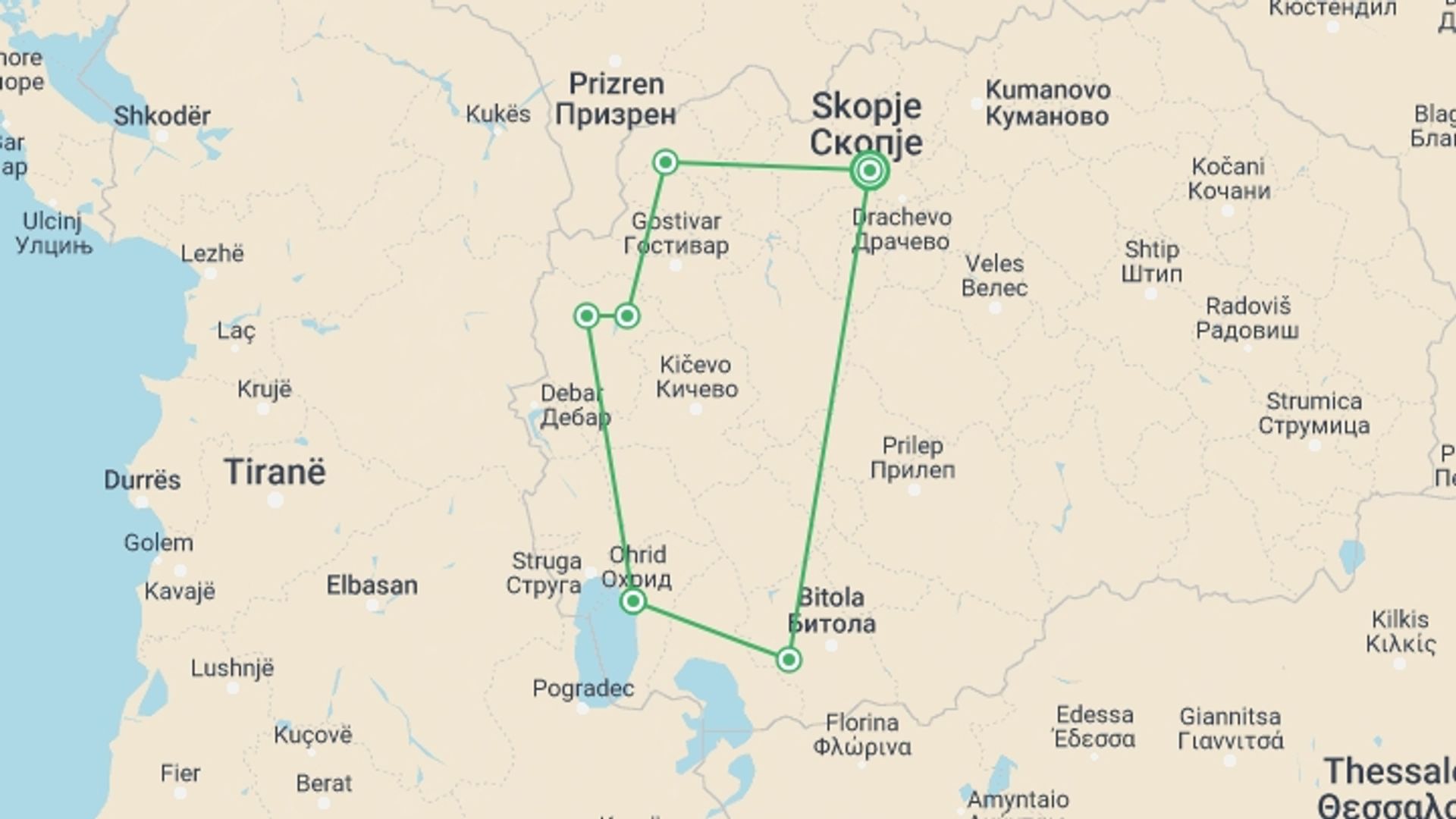 A map showing the tour itinerary for the trip: Macedonia Trails, starting in Skopje, Macedonia and ending in Skopje, Macedonia going through 5 other destinations.
