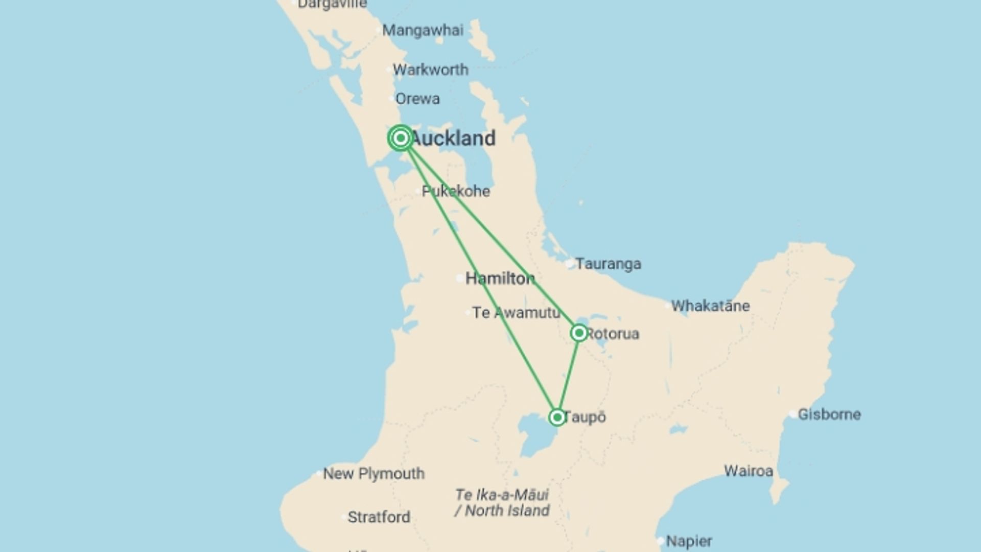 A map showing the tour itinerary for the trip: NZ Run Club: Muriwai Half Marathon, starting in Auckland, New Zealand and ending in Auckland, New Zealand going through 2 other destinations.