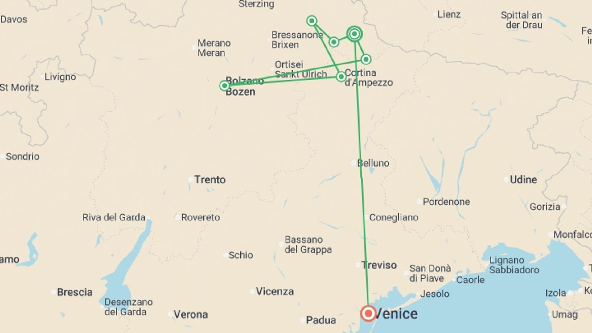 A map showing the tour itinerary for the trip: Hiking in the Dolomites, starting in Dobbiaco, Italy and ending in Venice, Italy going through 5 other destinations.