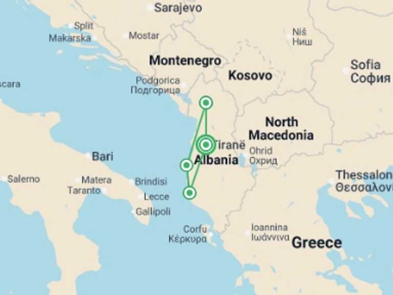 Map of Europe Tour with 4 destination visits for the trip: Albania Adventure