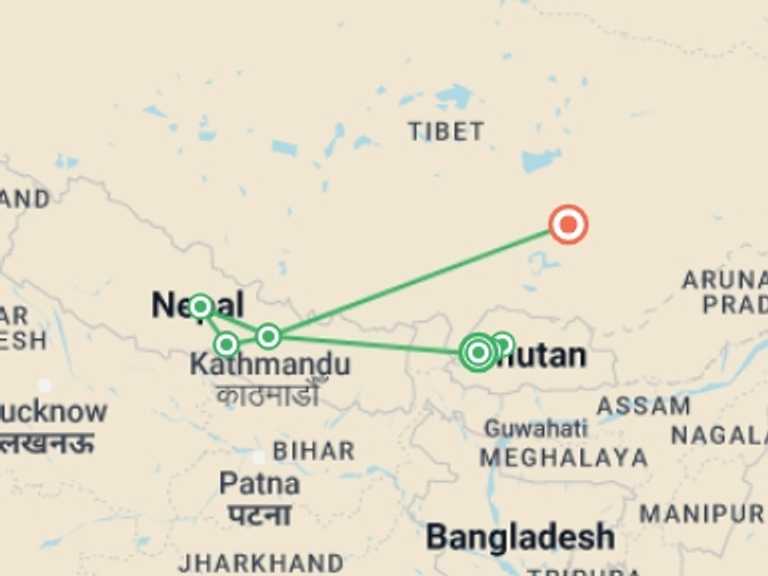 Map itinerary of Thimphu Tour in June 2026 with 7 destination visits for the trip: Bhutan, Nepal and Tibet Tour