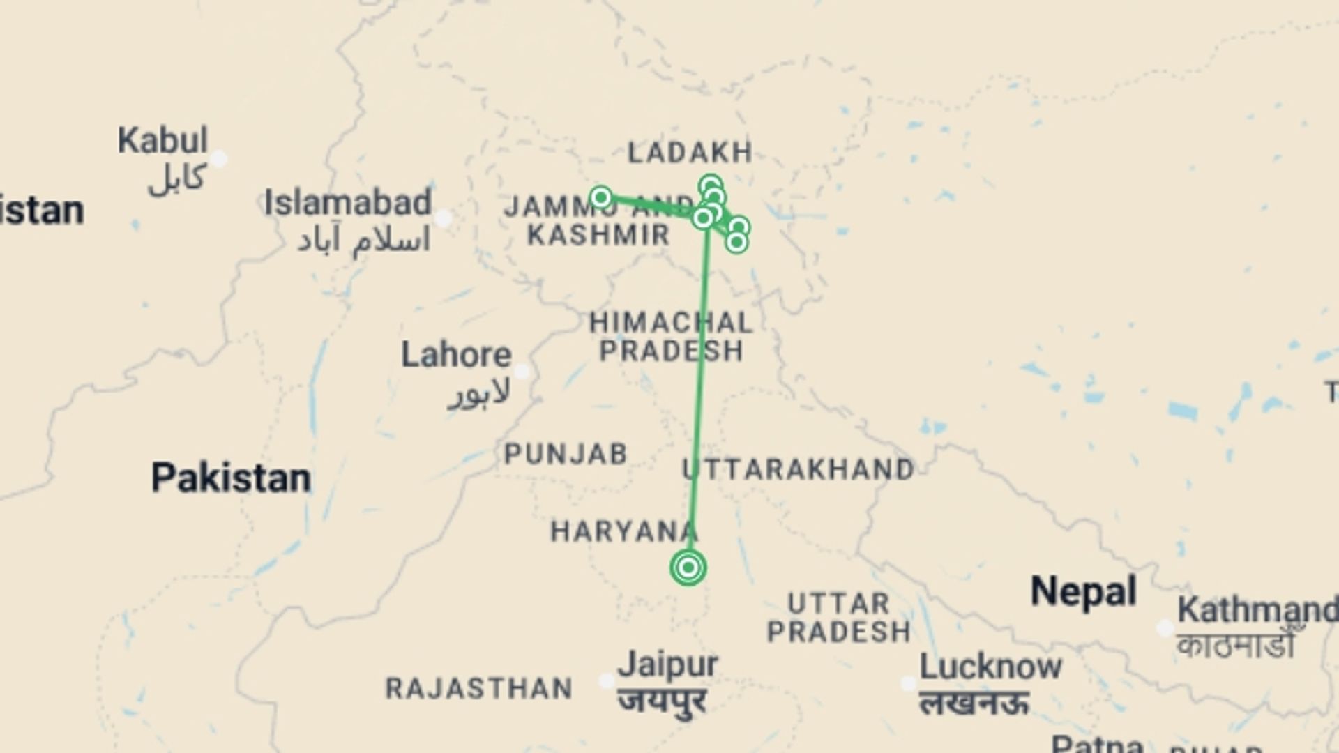 A map showing the tour itinerary for the trip: Ladakh High Trails, starting in New Delhi, India and ending in New Delhi, India going through 8 other destinations.
