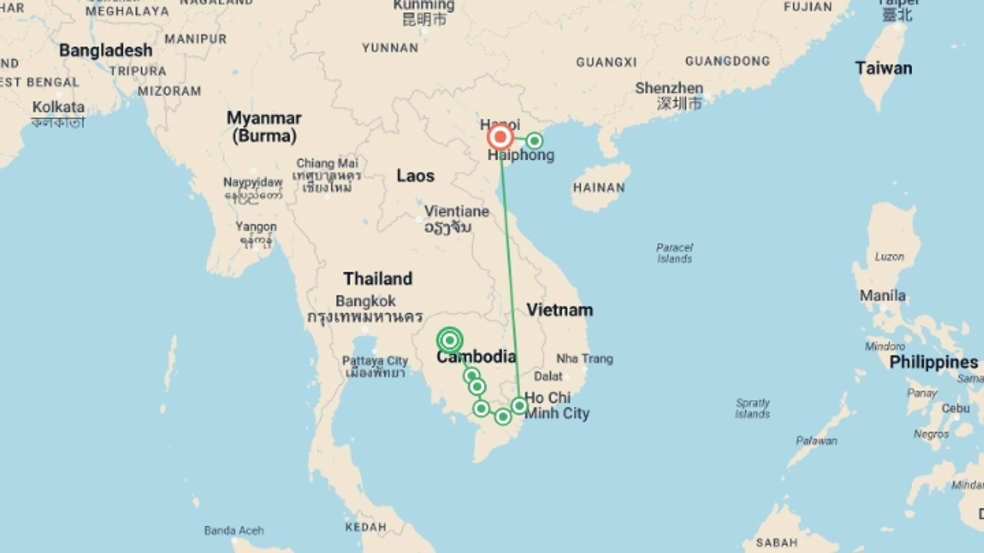 A map showing the tour itinerary for the trip: From the Angkor Temples to the Mekong Delta & Hanoi and Halong Bay (port-to-port cruise), starting in Siem Reap, Cambodia and ending in Hanoi, Vietnam going through 6 other destinations.