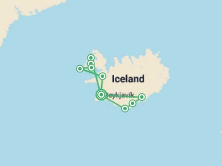 Map of Iceland Tour with 4 destination visits for the trip: South Coast to Westfjords Expedition - 6 days