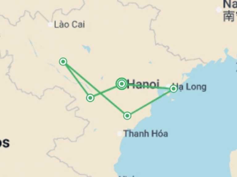 Map itinerary of Hanoi Tour in December 2026 with 5 destination visits for the trip: Hiking Mai Chau & Pu Luong - 8 days