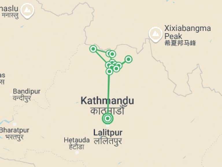 Map of Kathmandu Mountains Tour with 12 destination visits for the trip: Langtang and Tamang Heritage trek