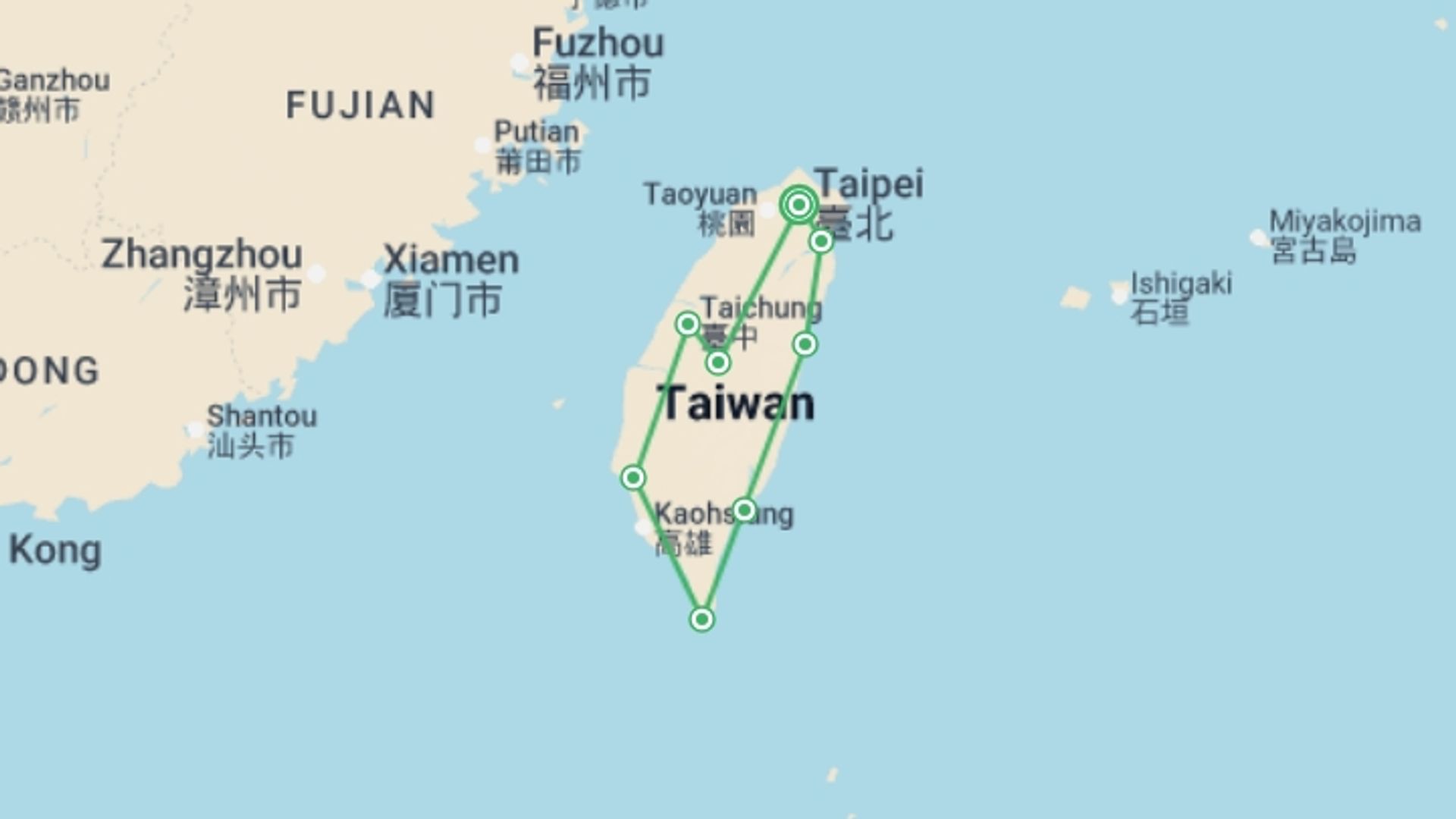 A map showing the tour itinerary for the trip: Highlights of Taiwan - 7 days, starting in Taipei, Taiwan and ending in Taipei, Taiwan going through 4 other destinations.