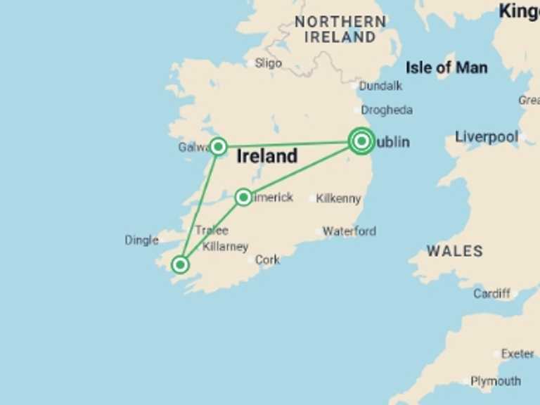 Map of Ireland Natural landmarks sightseeing Tour with 5 destination visits for the trip: The Best Of Ireland