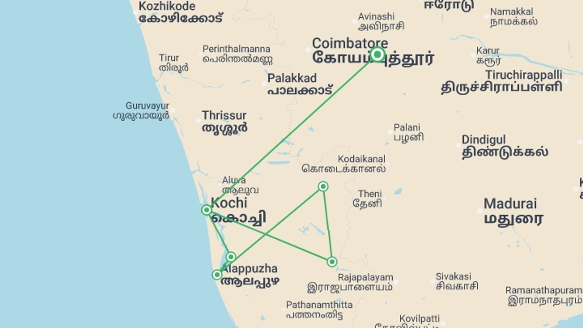 A map showing the tour itinerary for the trip: Classic Kerala - 9 Days, starting in Kerala & Tamil Nadu, India and ending in Kerala & Tamil Nadu, India going through 6 other destinations.