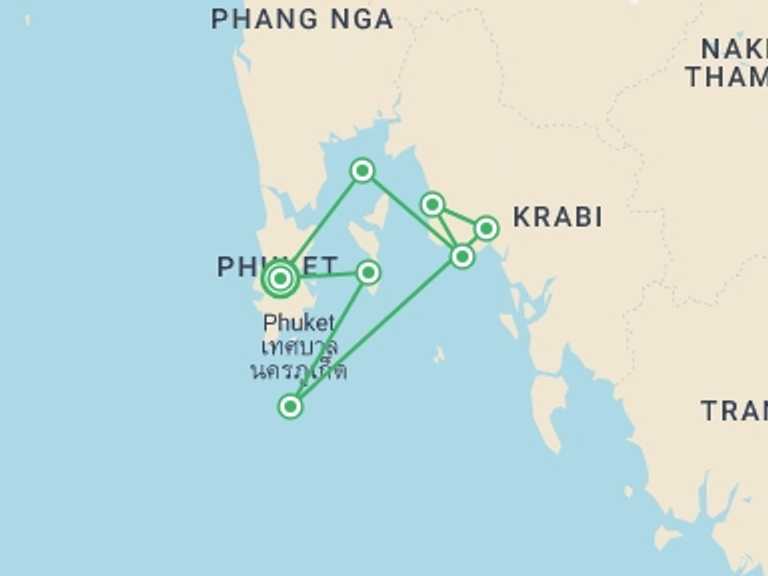 Map of Thailand Tour with 7 destination visits for the trip: Sailing Thailand - Phuket to Phuket