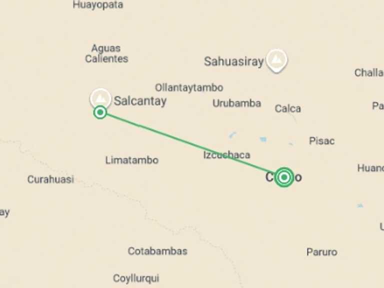 Map itinerary of Salkantay Tour in Fall with 2 destination visits for the trip: Salkantay Trek & Machu Picchu