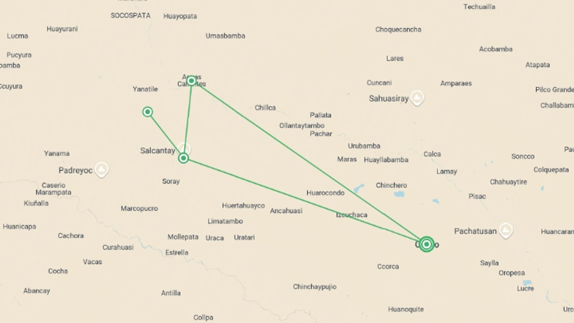 A map showing the tour itinerary for the trip: Salkantay Trek & Machu Picchu - 8 days, starting in Cusco, Peru and ending in Cusco, Peru going through 3 other destinations.