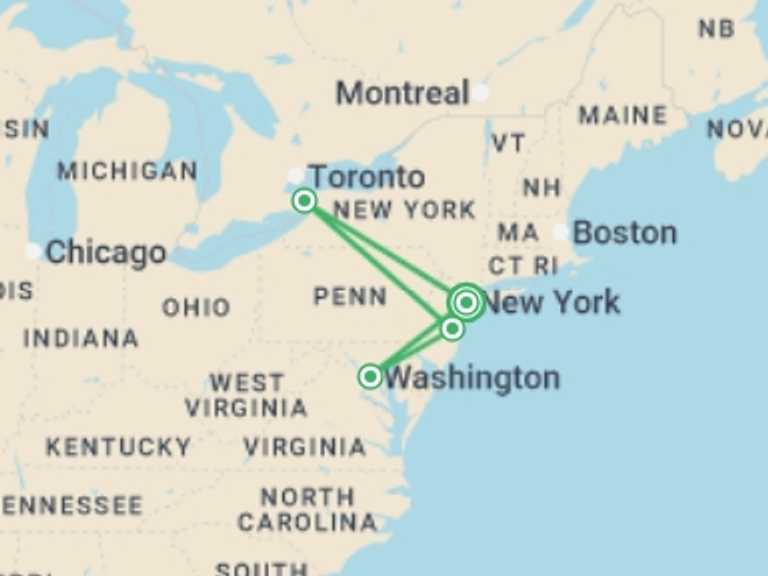 Map of North America Tour with 4 destination visits for the trip: Niagara Falls & Historic East Coast Explorer - 4 days