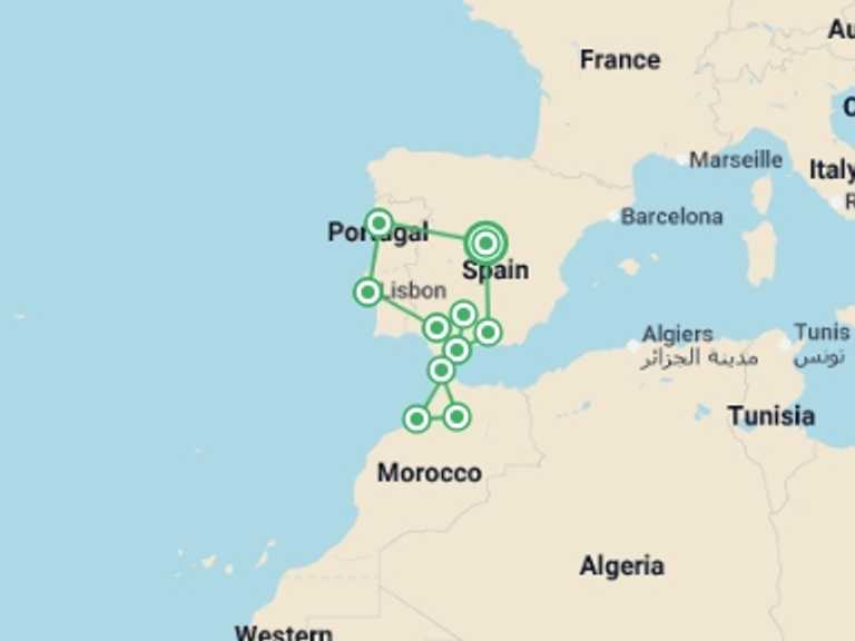 Map of Europe Tour with 10 destination visits for the trip: Andalucia, Lisbon & Morocco Explorer - 14 days