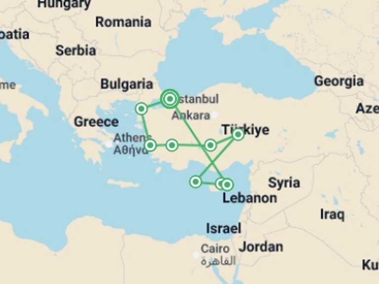 Map itinerary of Europe Tour in April 2027 with 9 destination visits for the trip: Magical Turkey with Cyprus Sun