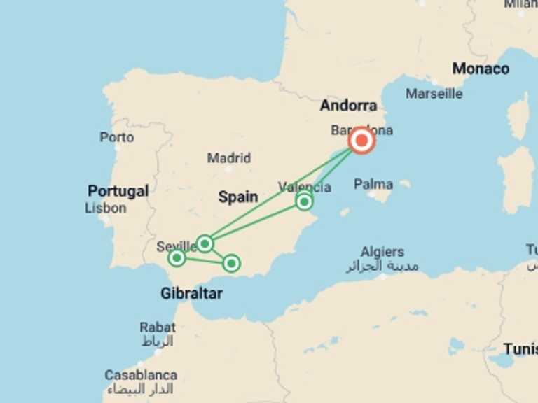 Map itinerary of Spain Tour in February 2026 with 9 destination visits for the trip: Mediterranean & Andalusian Spain