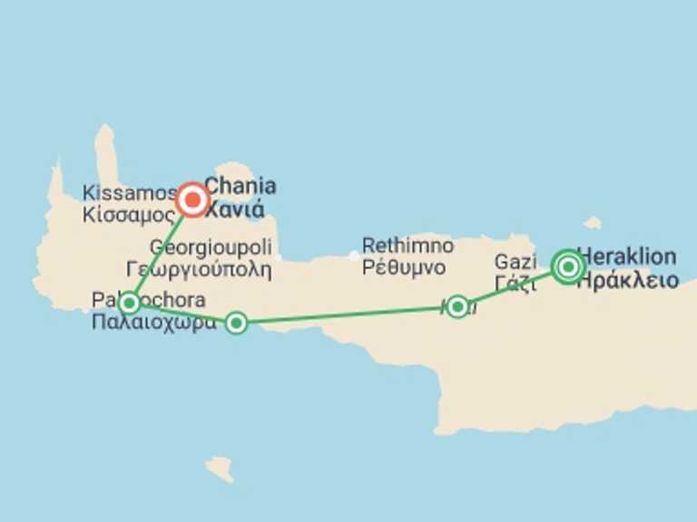 Map itinerary of Greece Tour in May 2026 with 4 destination visits for the trip: Highlights of Crete