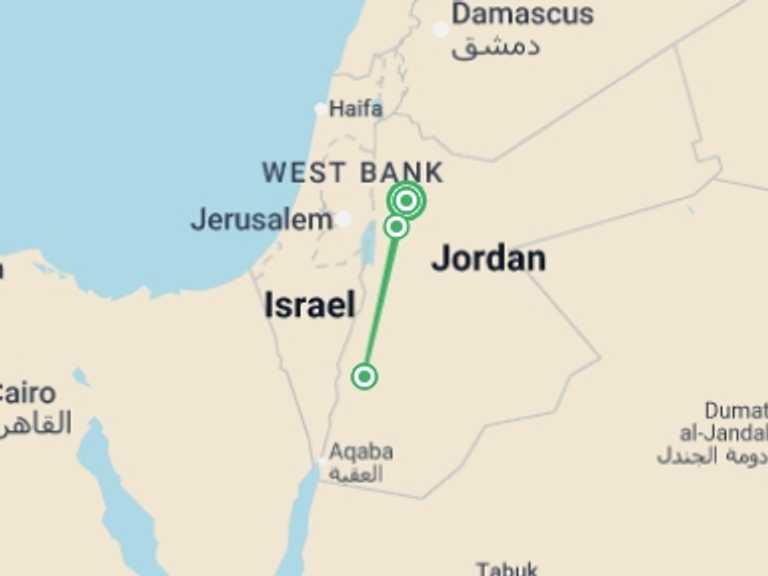 Map itinerary of Jordan Tour in Winter with 2 destination visits for the trip: Jordan Group Discovery 6D/5N