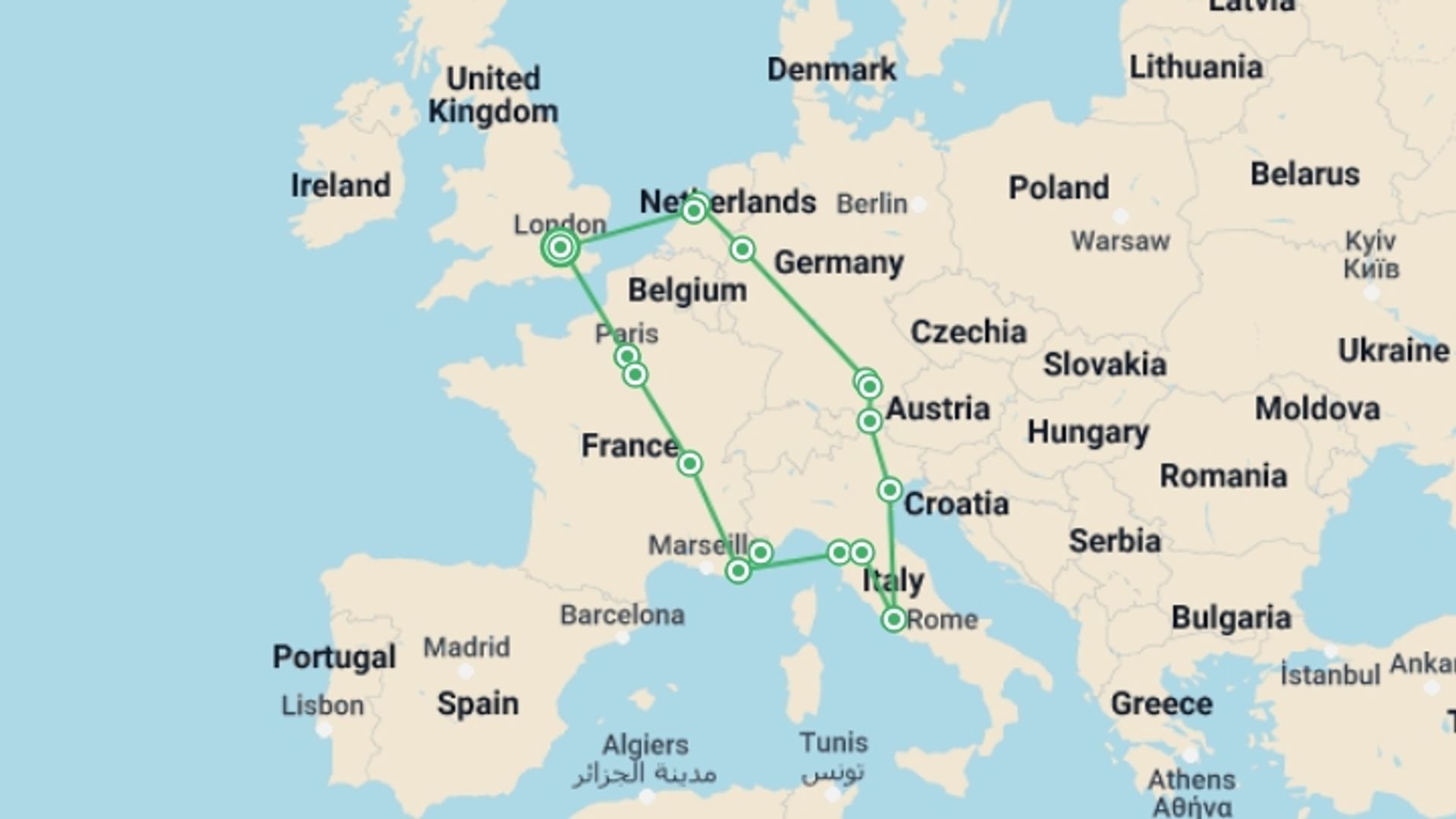 A map showing the tour itinerary for the trip: Run Club: European Highlights, starting in London, England and ending in London, England going through 5 other destinations.