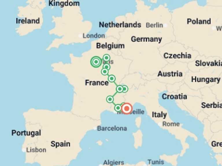 Map of Europe Tour with 7 destination visits for the trip: Paris to Nice through Vineyards and Mountains
