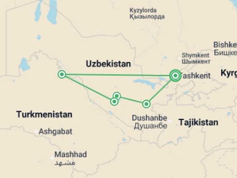 Map itinerary of Uzbekistan Tour in September 2026 with 4 destination visits for the trip: Premium Uzbekistan