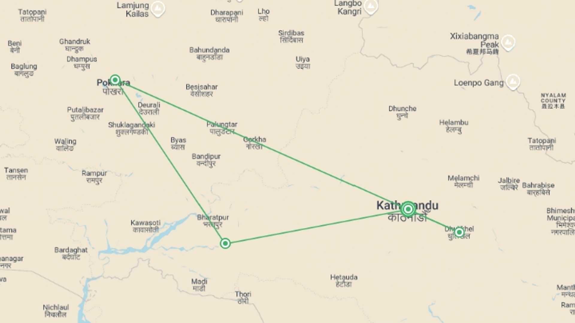 A map showing the tour itinerary for the trip: Best of Nepal, starting in Kathmandu, Nepal and ending in Kathmandu, Nepal going through 3 other destinations.