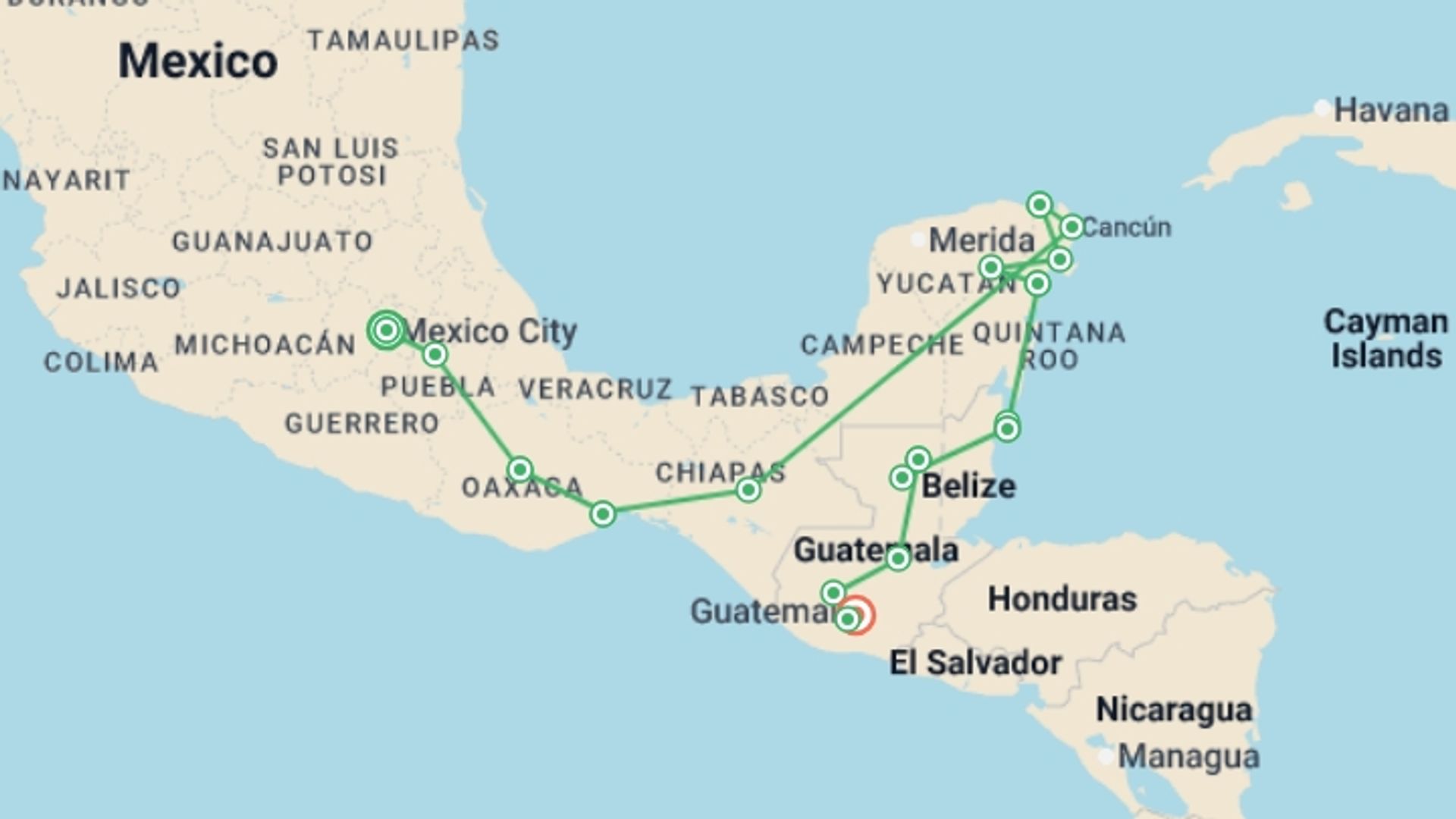 A map showing the tour itinerary for the trip: EPIC CENTRAL AMERICA 28 DAYS, starting in Mexico City, Mexico and ending in Antigua, Guatemala going through 9 other destinations.