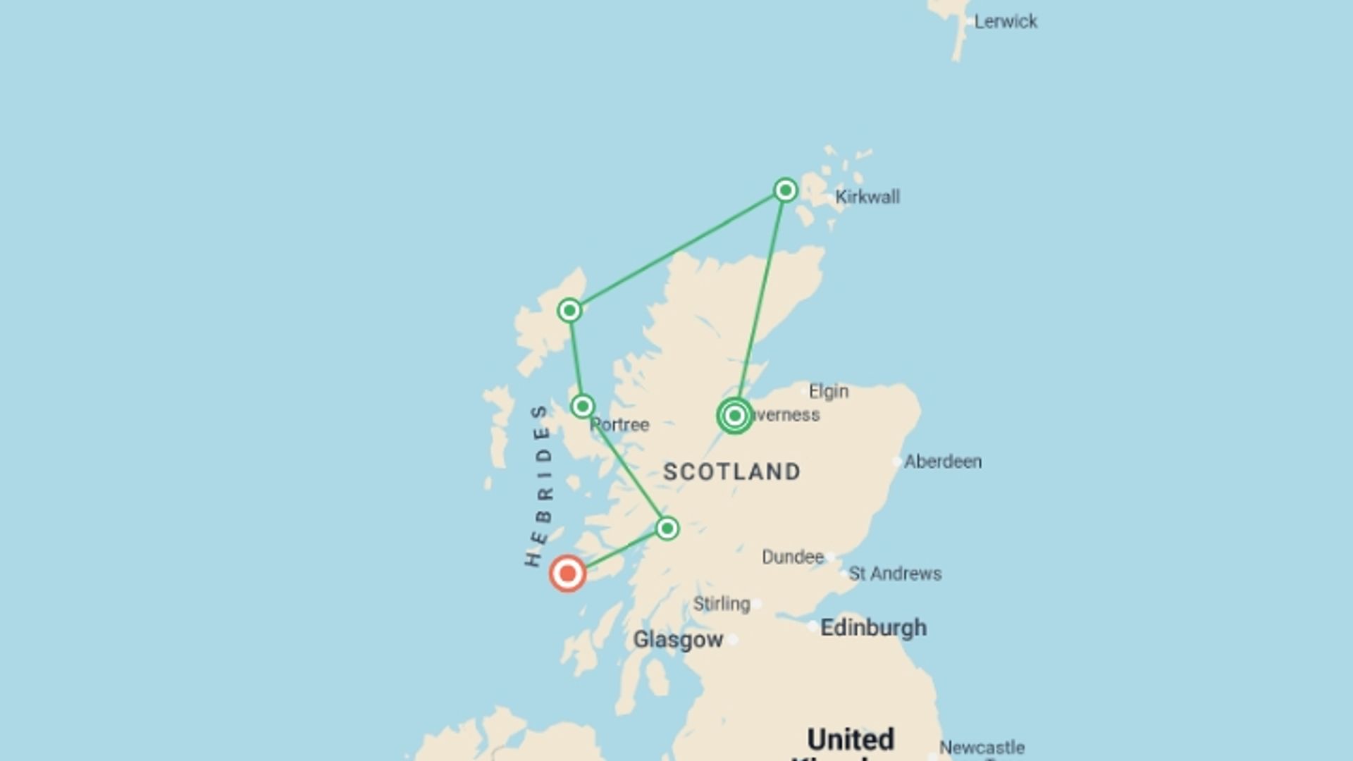 A map showing the tour itinerary for the trip: 12-Day Spiritual Journey through Sacred Scotland, starting in Inverness, Scotland and ending in Iona, England going through 5 other destinations.