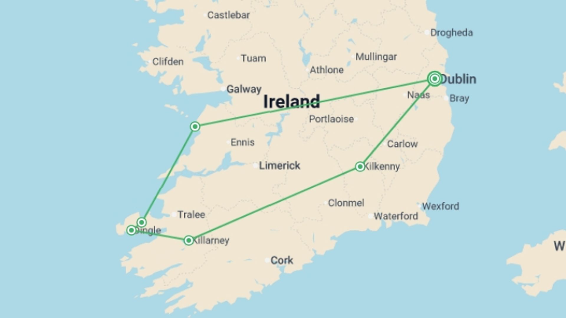 A map showing the tour itinerary for the trip: South Ireland Discovery - 6 days, starting in Dublin, Ireland and ending in Dublin, Ireland going through 5 other destinations.