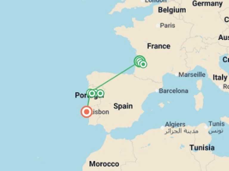 Map itinerary of Mediterranean Tour in March 2027 with 10 destination visits for the trip: Wine Roads of France & Portugal (2027)