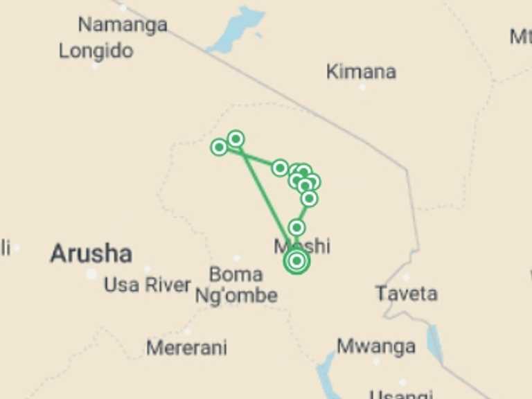 Map of Moshi Climbing Tour with 9 destination visits for the trip: Seven-Day Kilimanjaro Climb: Shira Route