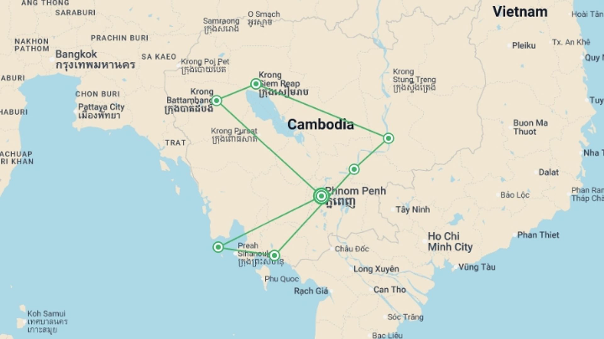 A map showing the tour itinerary for the trip: Ultimate Cambodian Adventure, starting in Phnom Penh, Cambodia and ending in Phnom Penh, Cambodia going through 6 other destinations.