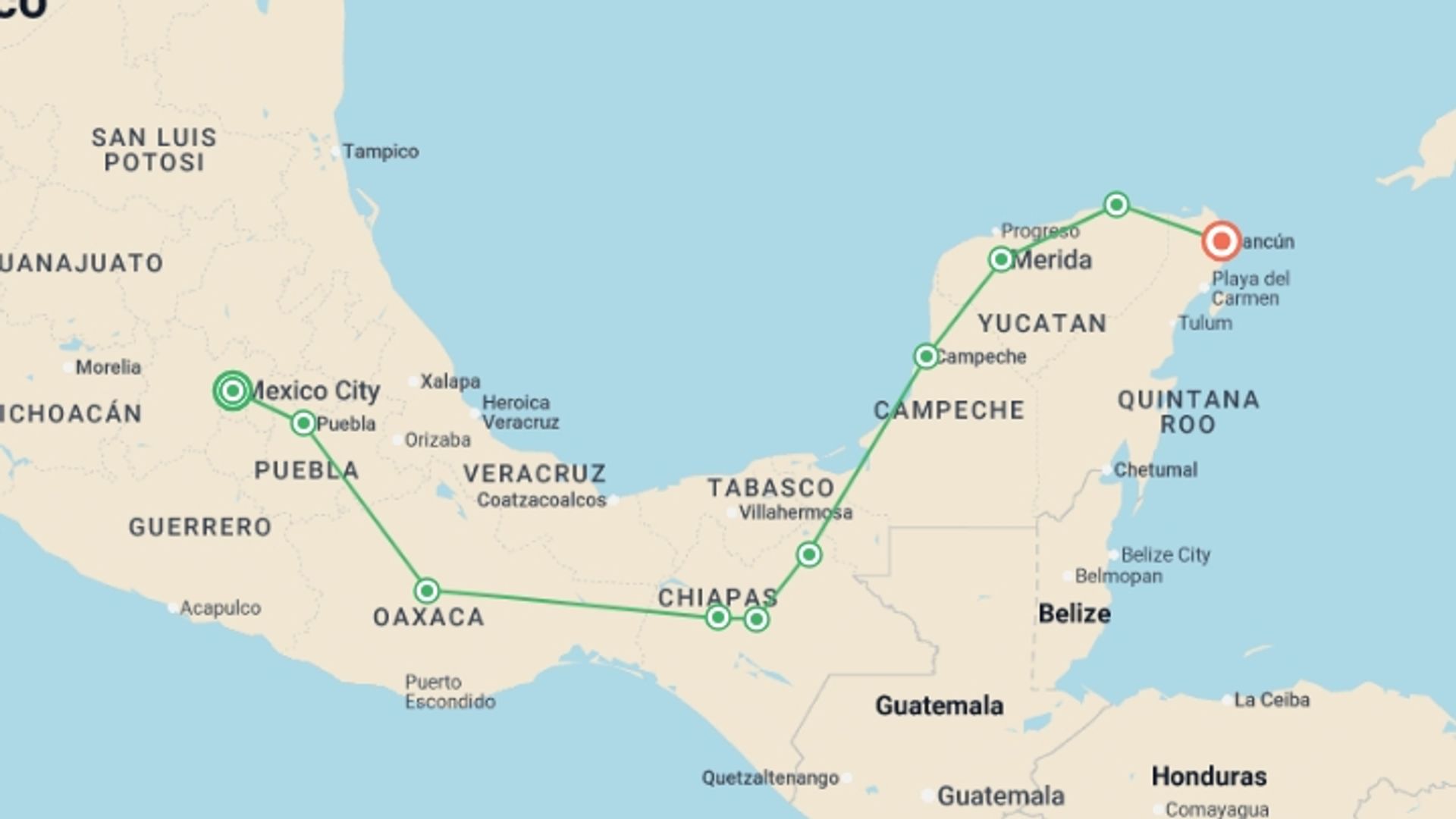 A map showing the tour itinerary for the trip: Mayan Wonders and Mexican Treasures Tour - 12 days, starting in Mexico City, Mexico and ending in Cancún, Mexico going through 8 other destinations.