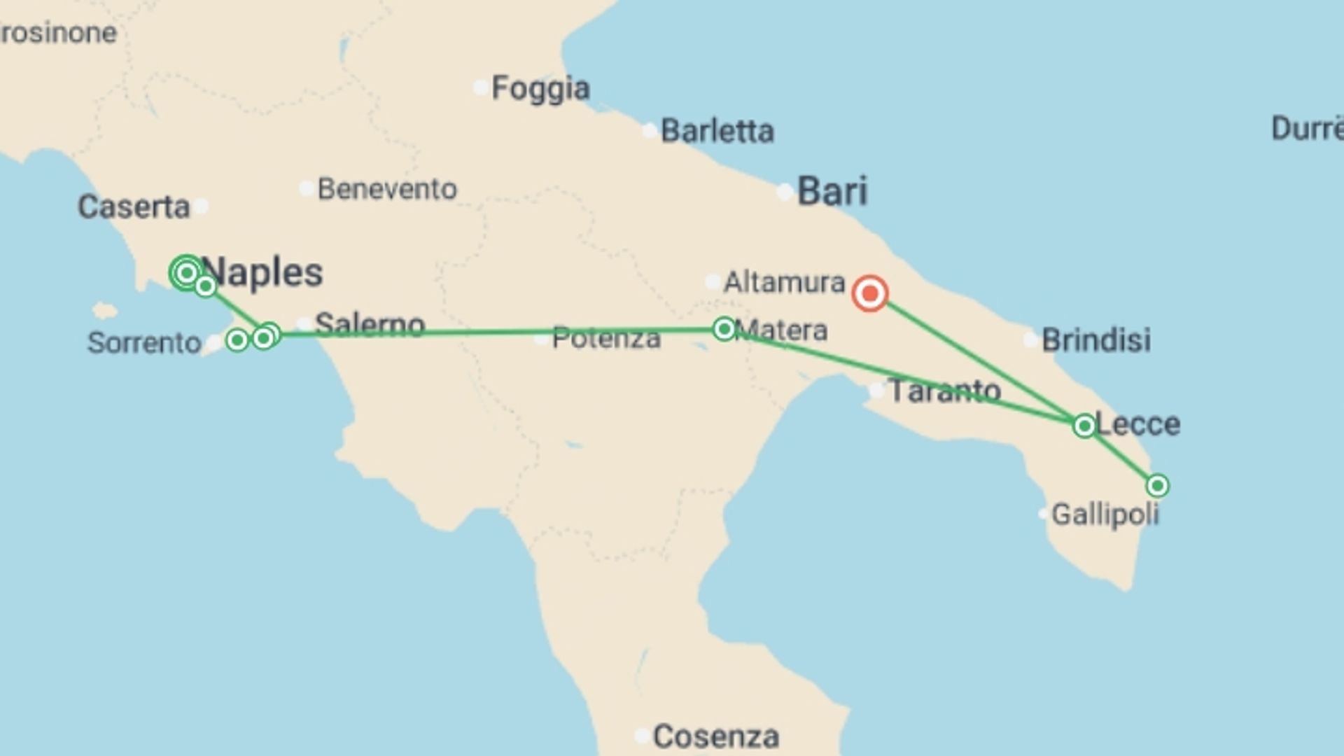 A map showing the tour itinerary for the trip: Italy: Amalfi Coast to Puglia , starting in Naples, Italy and ending in Alberobello, Italy going through 5 other destinations.