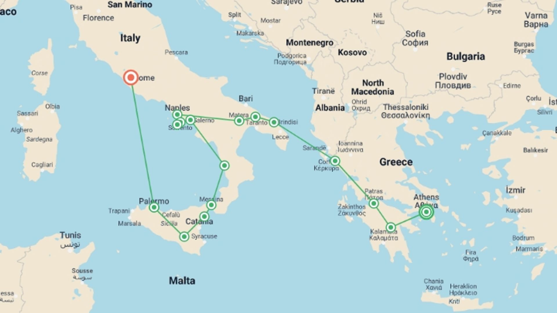 A map showing the tour itinerary for the trip: Highlights Of Greece Sicily and Rome, starting in Athens, Greece and ending in Rome, Italy going through 2 other destinations.