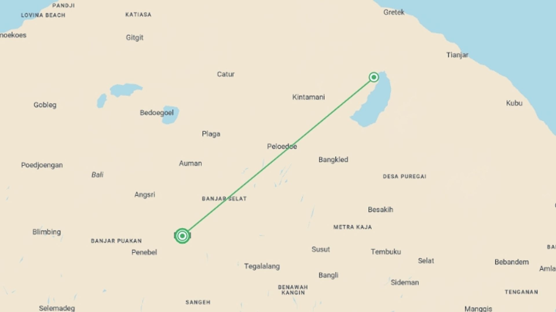 A map showing the tour itinerary for the trip: Hike & Bike in Mt Batur (2 Days), starting in Bali, Indonesia and ending in Bali, Indonesia going through 2 other destinations.