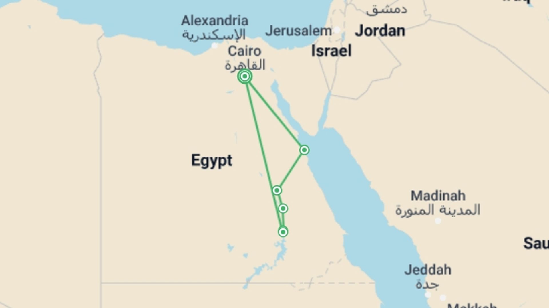 A map showing the tour itinerary for the trip: Discover Egypt, starting in Cairo, Egypt and ending in Cairo, Egypt going through 4 other destinations.