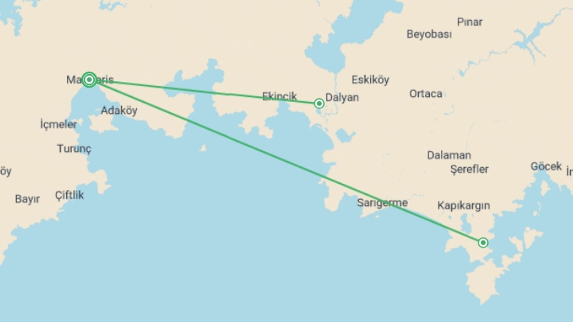 A map showing the tour itinerary for the trip: Turkey Walk & Cruise, starting in Marmaris, Turkey and ending in Marmaris, Turkey going through 2 other destinations.