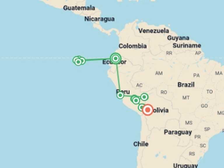 Map itinerary of Quito Tour in November 2026 with 12 destination visits for the trip: Galapagos & Peru Adventure