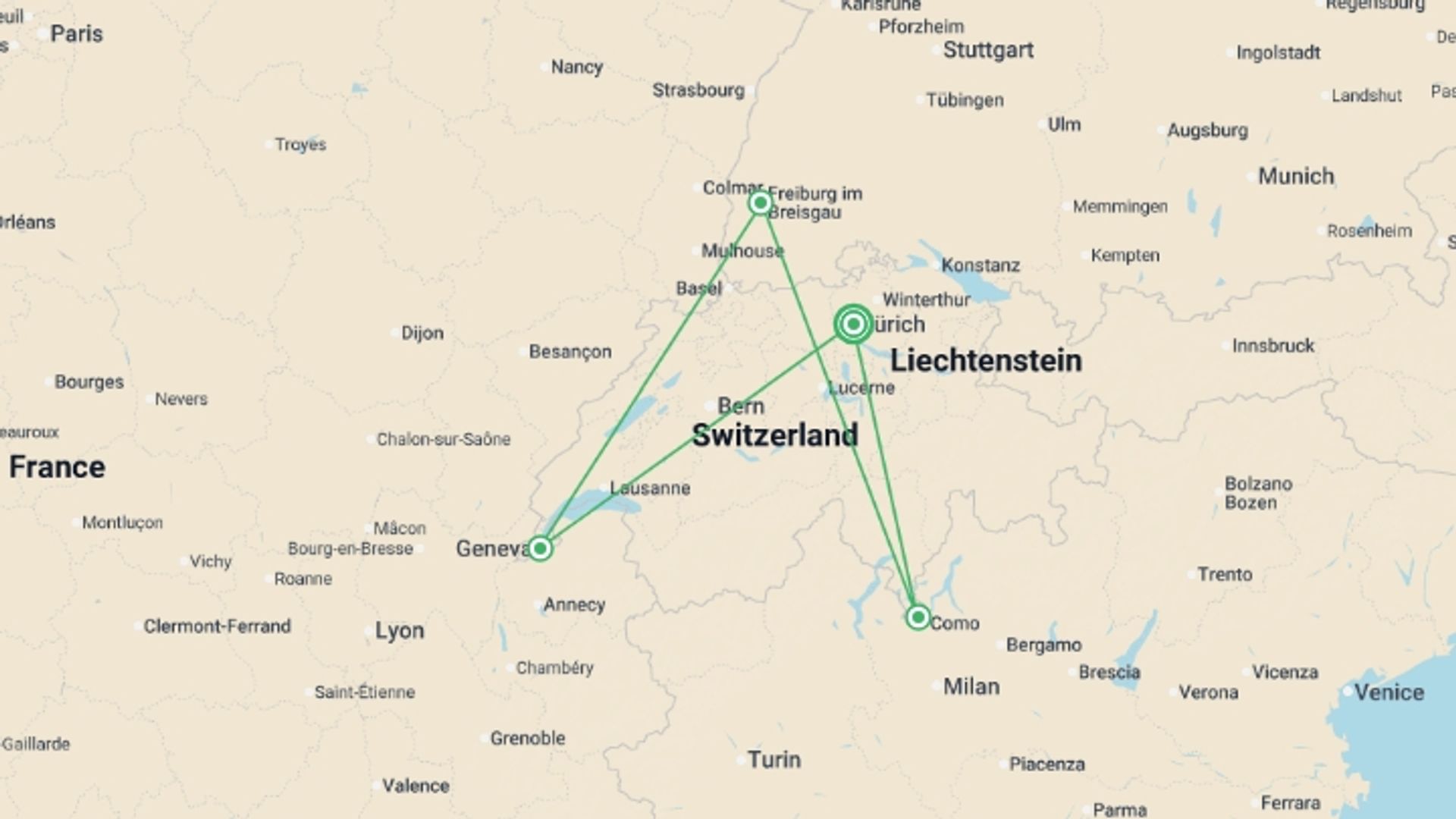 A map showing the tour itinerary for the trip: Swiss Landscapes Castles, Lakes, and Peaks - 6 days, starting in Zurich, Switzerland and ending in Zurich, Switzerland going through 3 other destinations.