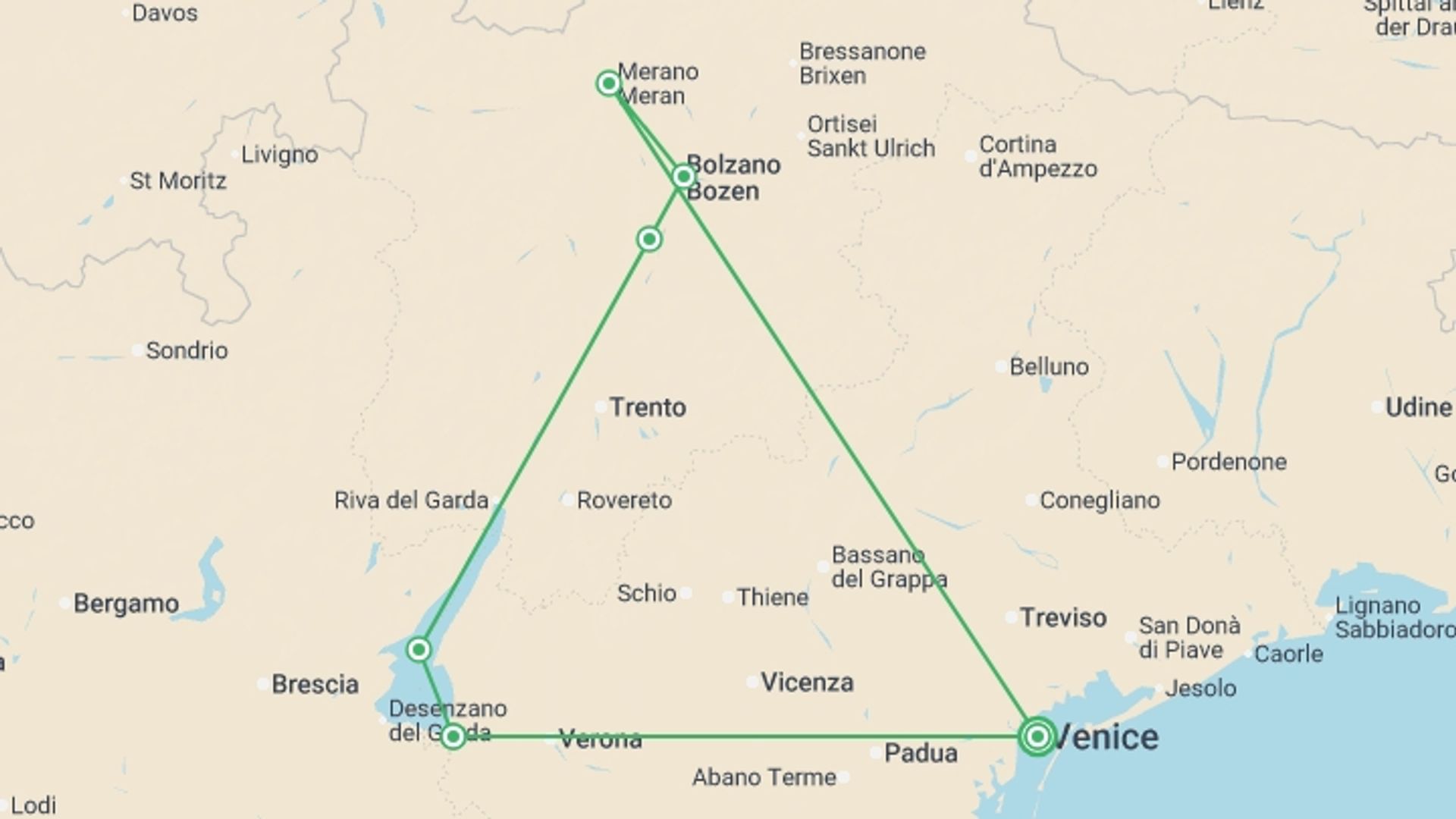 A map showing the tour itinerary for the trip: Cycle Dolomites, Lake Garda and Venice, starting in Venice, Italy and ending in Venice, Italy going through 6 other destinations.