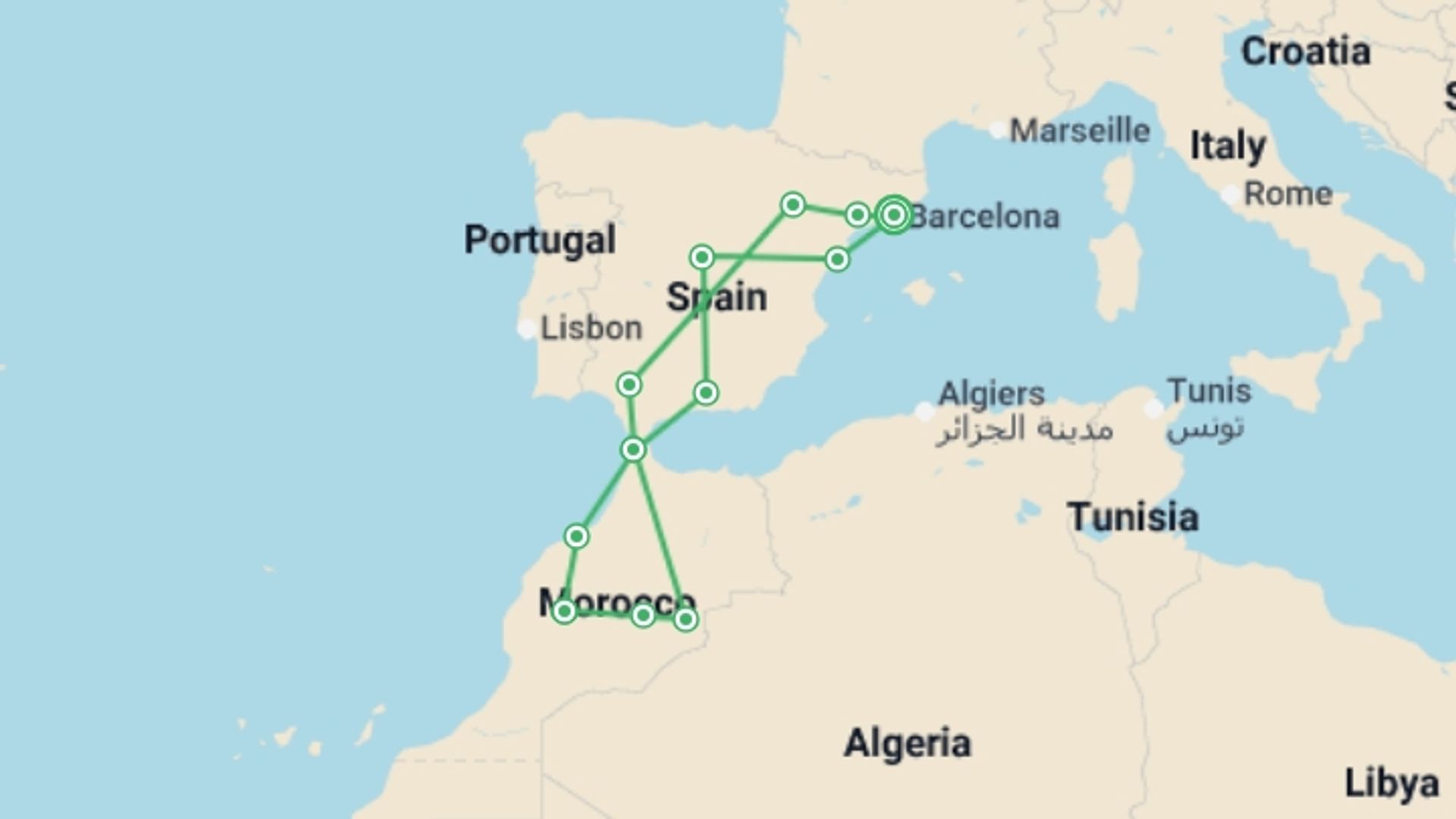 A map showing the tour itinerary for the trip: Pearls of Spain and Mysterious Morocco, starting in Barcelona, Spain and ending in Barcelona, Spain going through 11 other destinations.