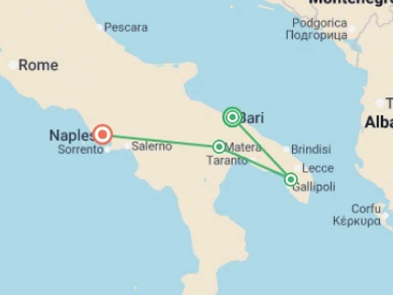 Map of Mediterranean Tour with 5 destination visits for the trip: Premium Puglia