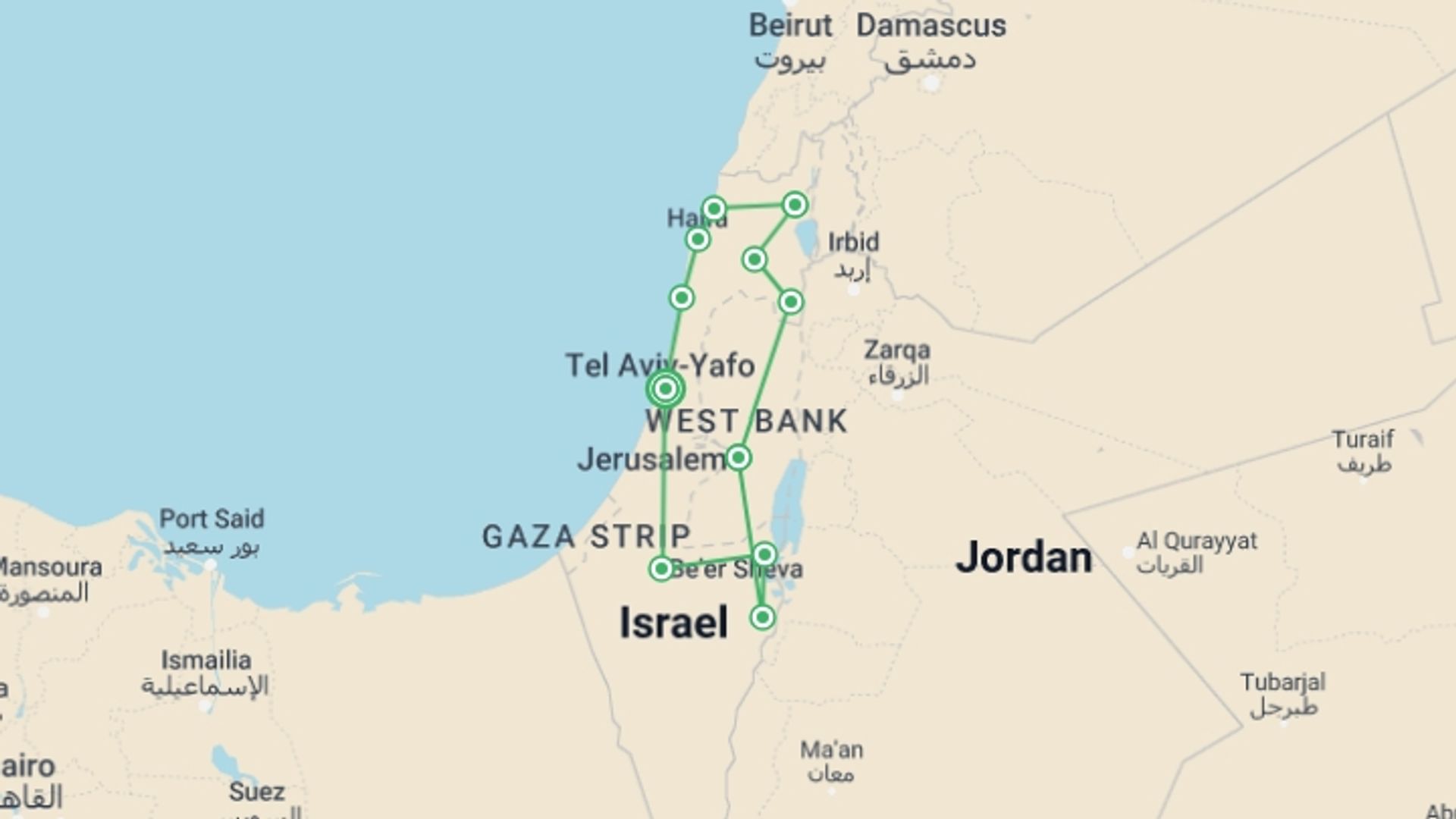 A map showing the tour itinerary for the trip: 8 Days Highlights Of Israel, starting in Tel Aviv, Israel and ending in Tel Aviv, Israel going through 2 other destinations.